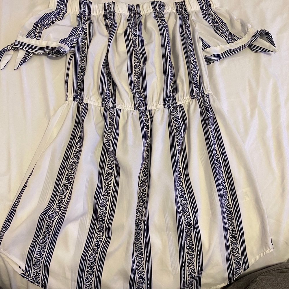 White and blue off the shoulder dress